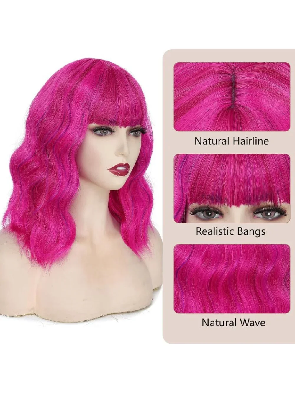 Women's Rose Purple 14 Inch Heat Resistant Short Wavy Hair Pastel Bob Wig Bangs